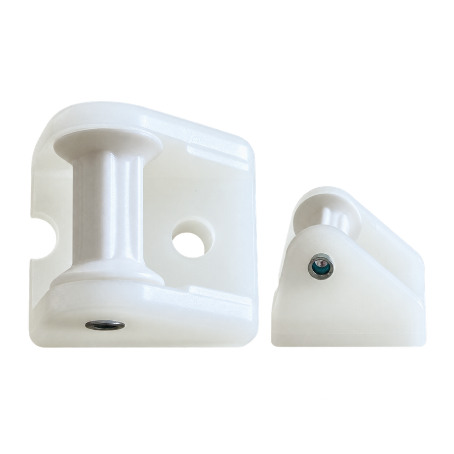 White Roman blind pulley shown from the front and side
