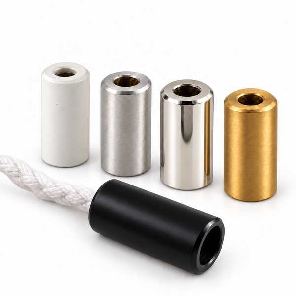 Metal Roman blind cord pulls in white, satin chrome, silver and gold, with satin black cord pull on white cord in front