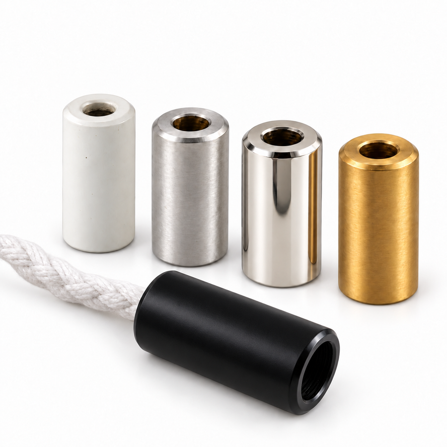 Metal Roman blind cord pulls in white, satin chrome, silver and gold, with satin black cord pull on white cord in front