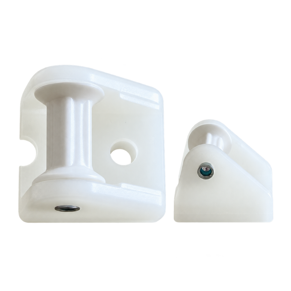 White Roman blind pulley shown from the front and side